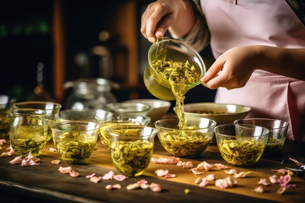 Tea Master Giet groene thee Tea Shop Bloemknoppen in glazen kopjes Brouwen warm drankje in een restaurant Theeceremonie Generatieve AI Illustratie