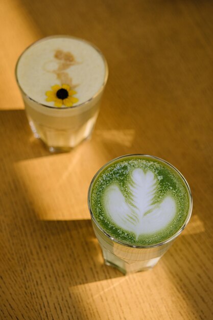 Tea matcha latte on wooden background