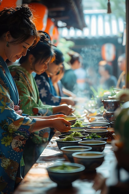 Foto mercanti di tè che preparano cerimonie del tè in un mercato in giappone foto di mercato tradizionale e culturale