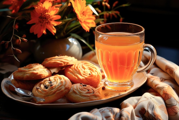 Tea in mug and cookies on the table The concept of autumn comfort in the house