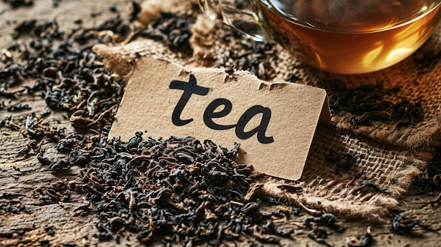 Фото Чай на деревянном столе в качестве фона и надпись чайный напиток