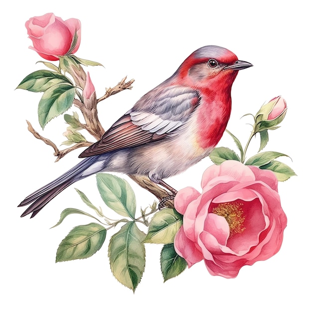 Tea party bird sitting on a rose branch watercolor illustration tea party clipart