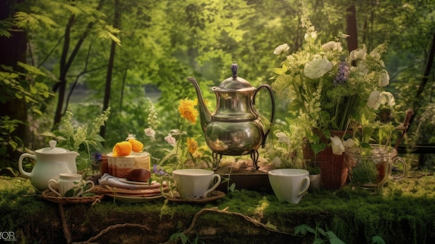 A tea party in the forest with a teapot and a basket of fruit.