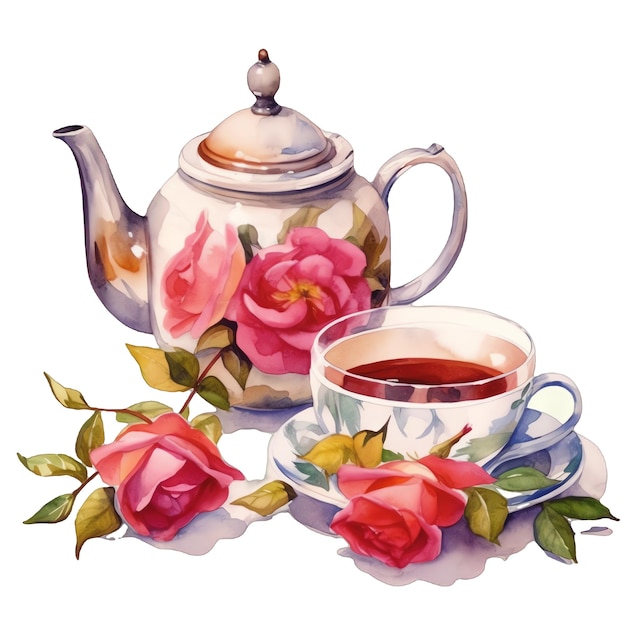 Tea party tea pot and tea cup watercolor illustration tea party clipart