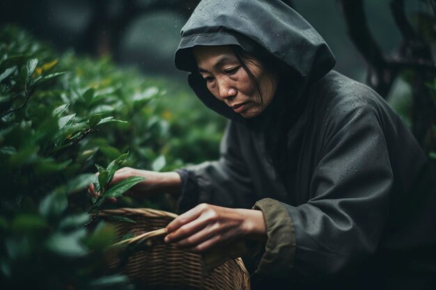 伝統的なゴミ収の葉を拾うお茶拾い手