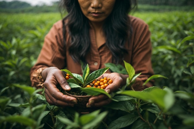Tea picker woman's asian hands close uppretty teapicking girl in plantation