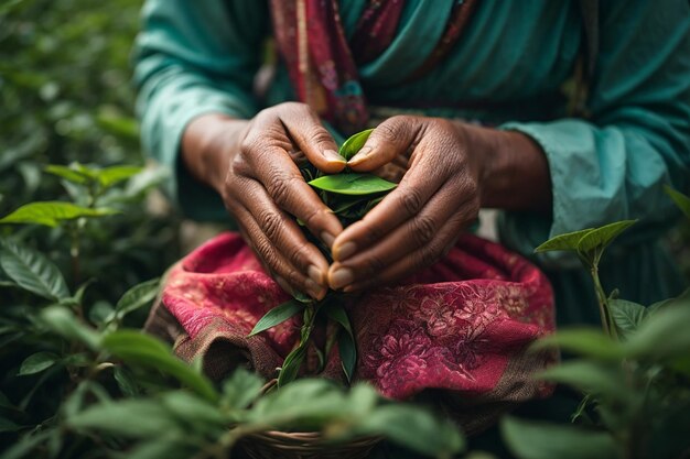 Tea picker woman's asian hands close uppretty teapicking girl in plantation
