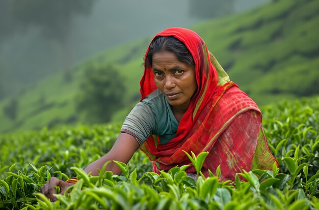 Tea picker at work in lush fields