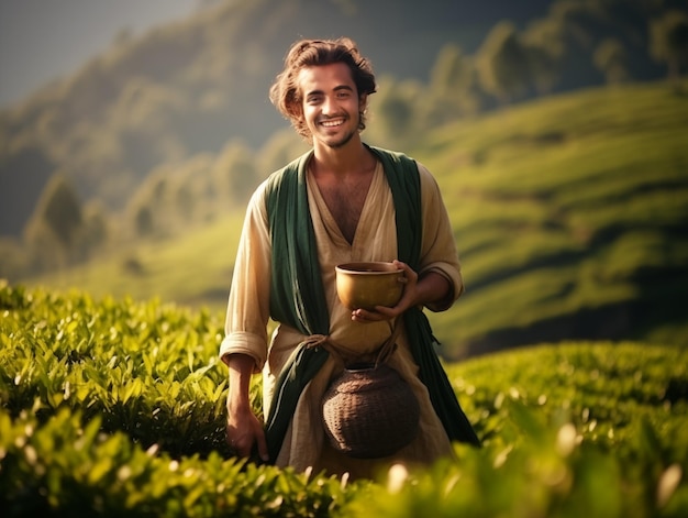 tea pickers Indian man collect tea leaves on the plantation