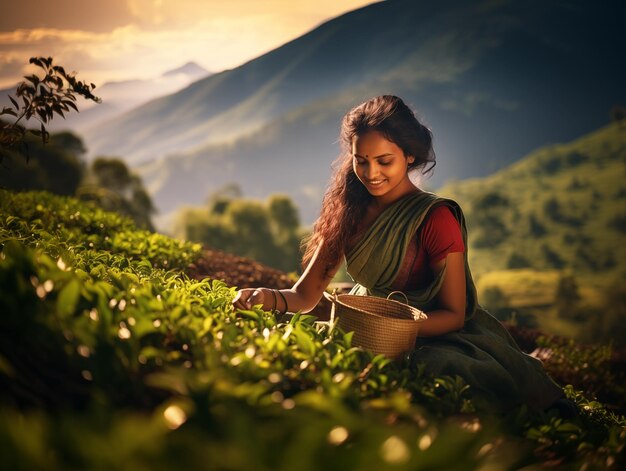 茶の摘み手 インド人の女性がプランテーションで茶葉を集める