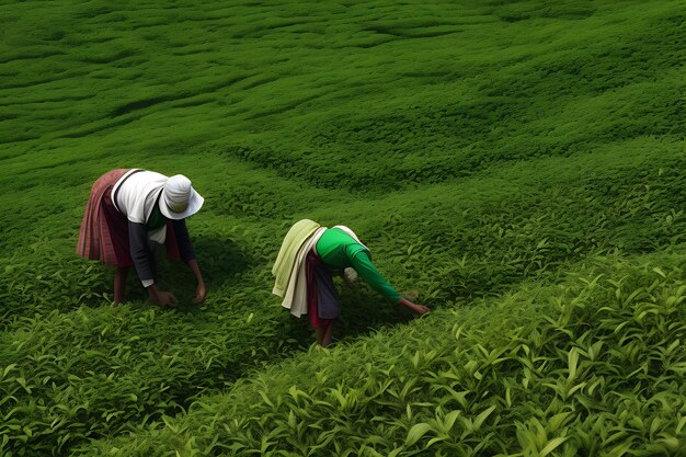 Tea pickers working at kerala india green tea leaf background