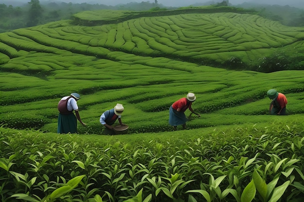 Tea pickers working at kerala india green tea leaf background