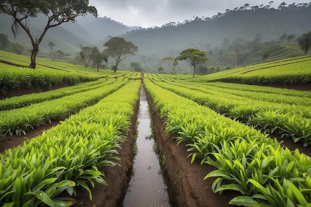 Tea plantation close up background after the rain