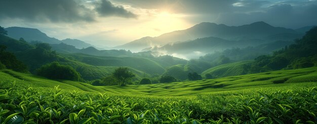 山の緑の茶畑の風景