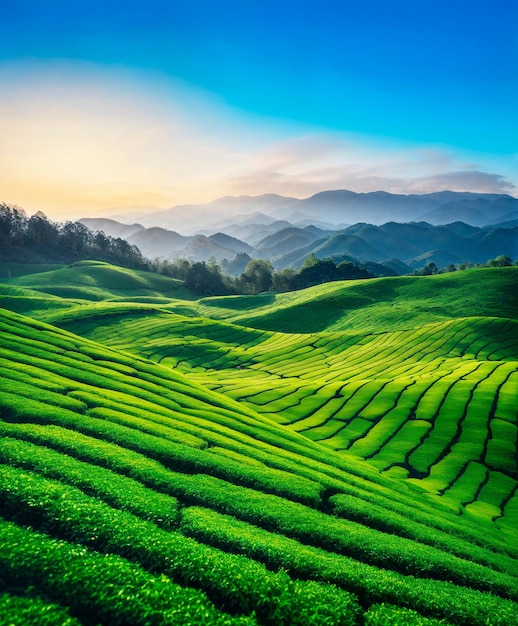 Фото Чайные плантации на холмах во время восхода солнца красивый пейзаж фона ai генерируется