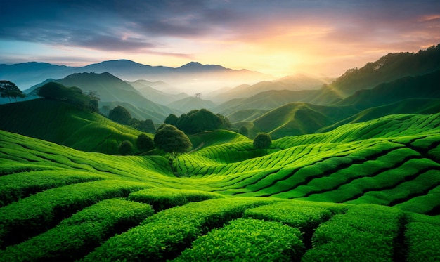 Tea plantation hills at sunrise time beautiful landscape background ai generated