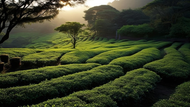 A tea plantation in the morning