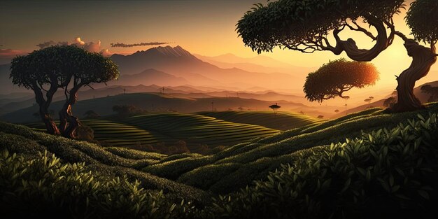 Tea plantation and the setting sun