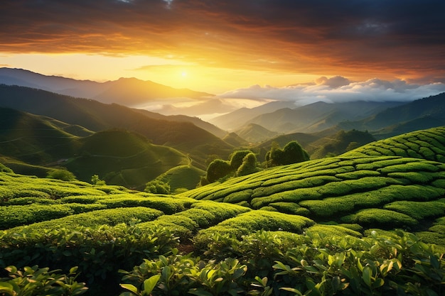 Tea Plantation at Sunrise in Munnar Kerala India