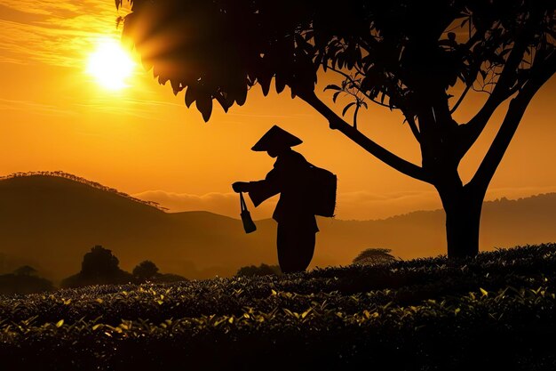 葉を摘むシルエットの労働者と茶畑の夕日