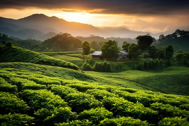 背景に夕焼けがある茶畑