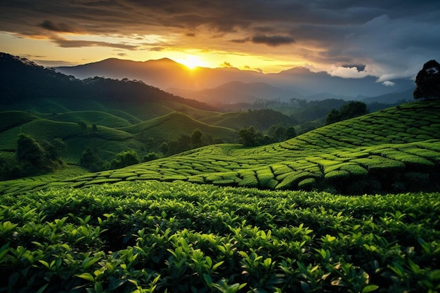 Photo a tea plantation with a sunset in the background