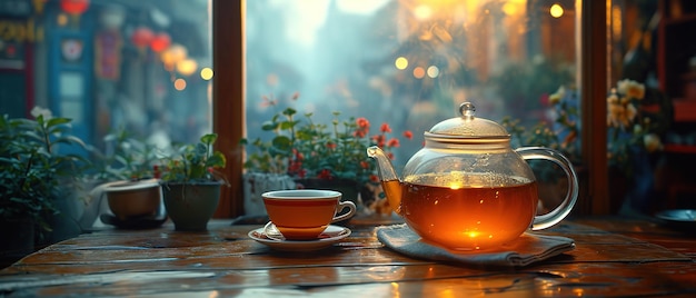 Photo a tea pot and a cup on a table