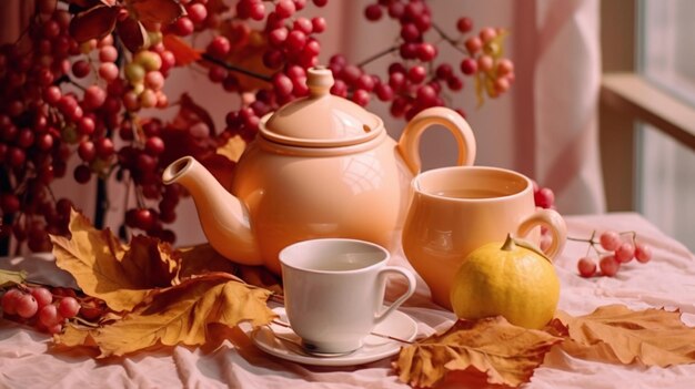 A tea pot and cup with leaves and berries in full autumn