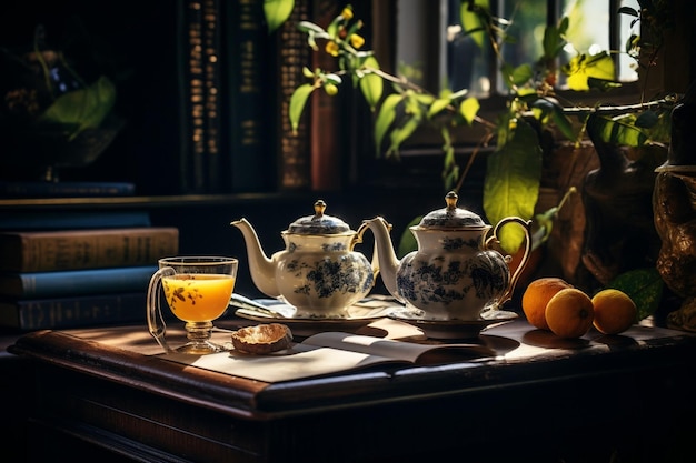 Tea pot and cups on desk