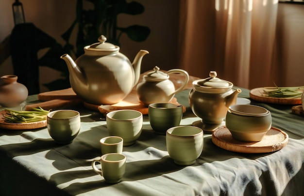 A tea pot and cups of green tea are stacked on a table