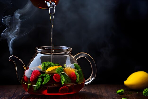a tea pot filled with fruit and water steaming coffee