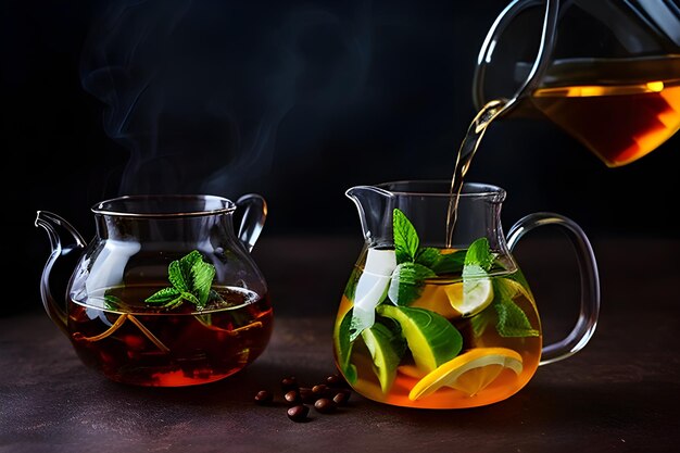 a tea pot filled with fruit and water steaming coffee