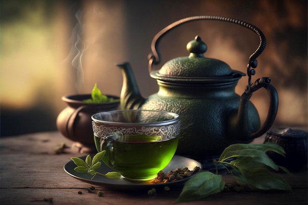 Tea pot sitting next to a cup of green tea generative ai