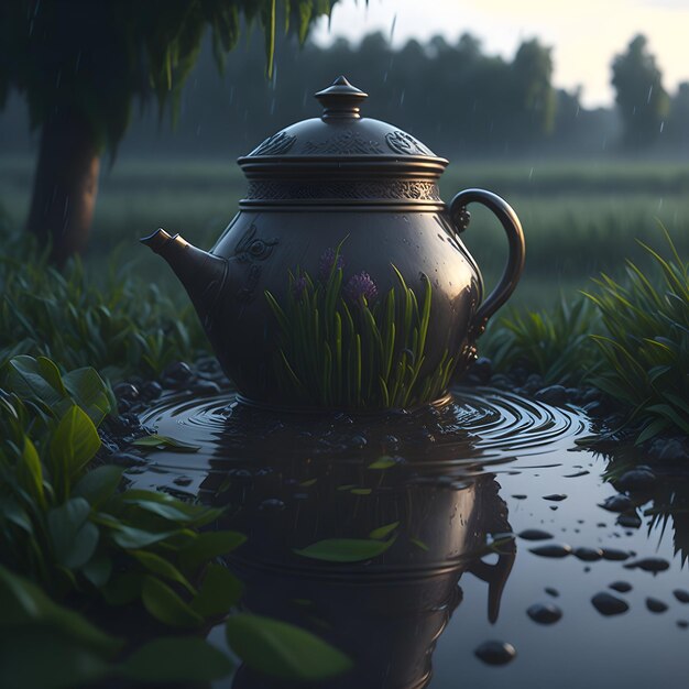 a tea pot sitting on top of a body of water