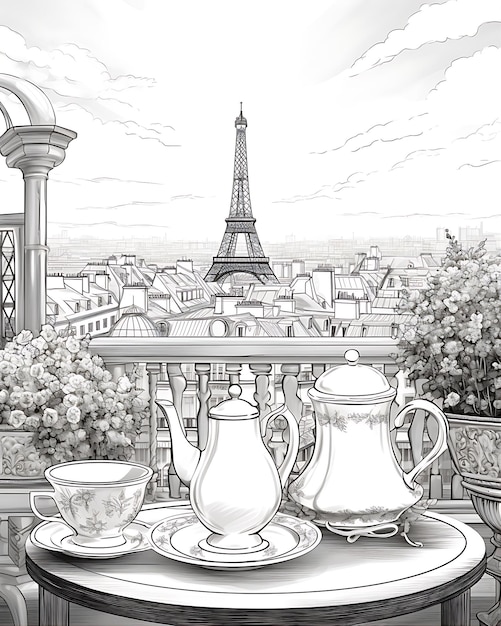 Photo tea pot with eiffel tower coloring page in the style