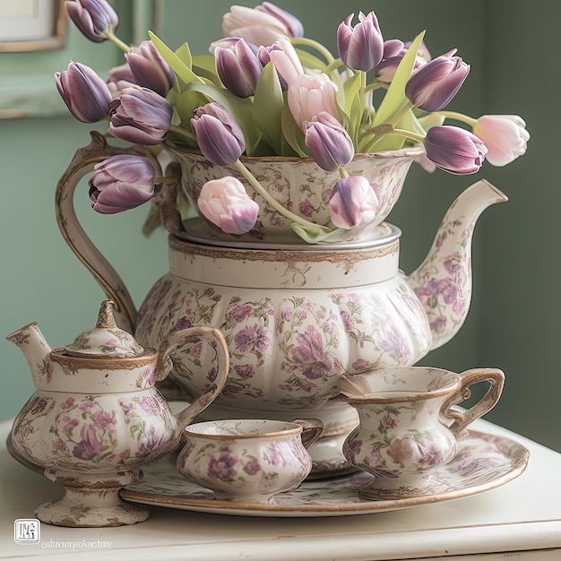 a tea pot with flowers in it and a tea set