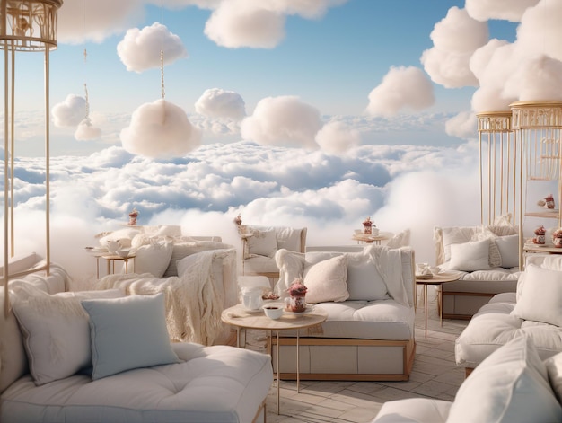 A tea room in the clouds with fluffy pillows