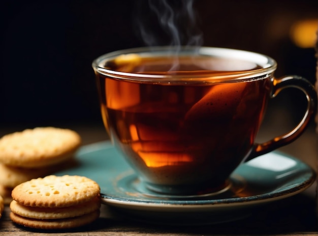 Tea served in saucer with buiscuits