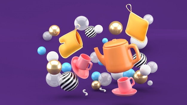 Photo a tea set amid colorful balls on a purple space