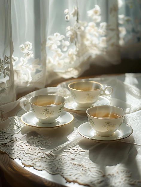 Чай в виде силуэтной тени Изготовление чашек и тарелок кружево Т Творческое фото элегантного фона