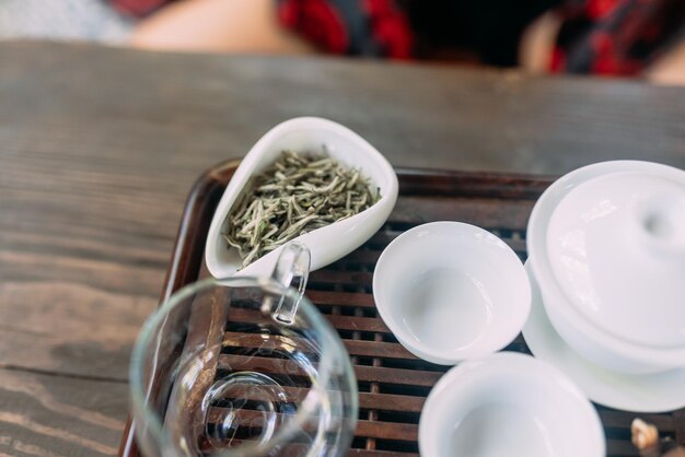 Tea set for matcha on wooden table close view