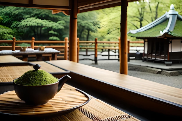 Чайный сервиз в комнате с деревянным столом и деревянным столом с чашкой зеленого чая на нем.