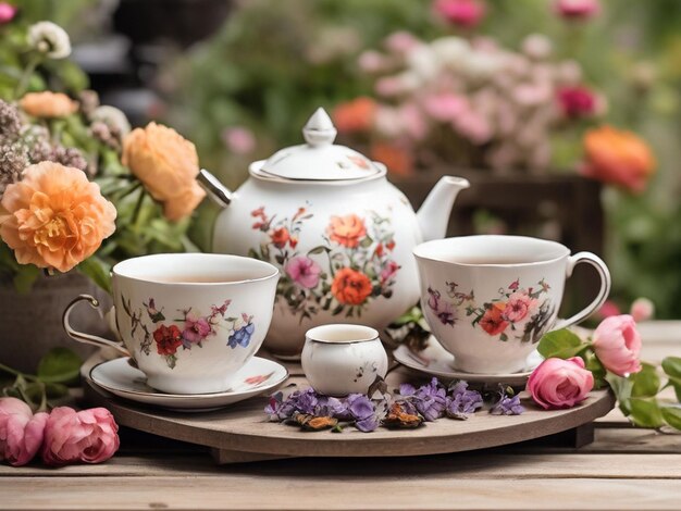 Photo tea set on a rustic garden table among