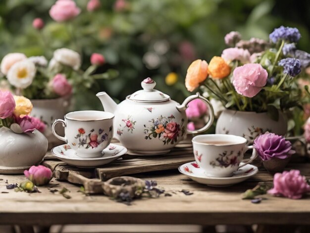 Tea set on a rustic garden table among