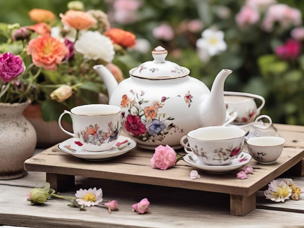 Tea set on a rustic garden table among