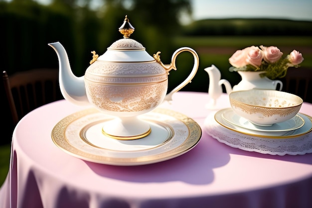 Tea set on the table in the garden Selective focus