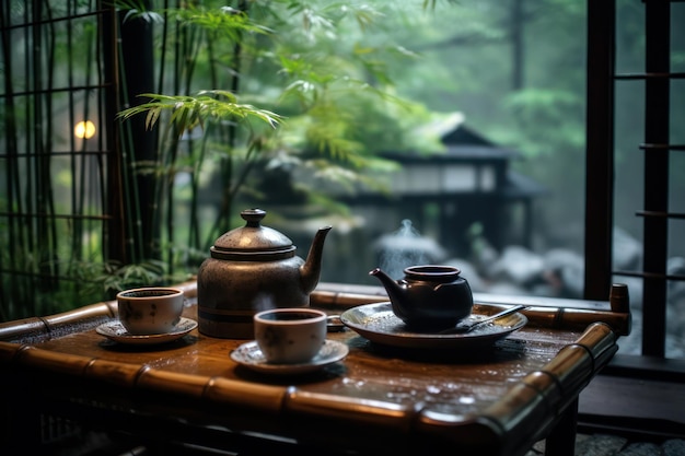 Tea set on a table with bamboo in the background