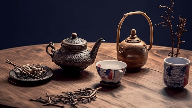 Чайный сервиз на столе с чайником и чашками чая.