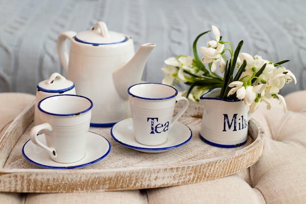 Tea set on tray, concept of breakfast.