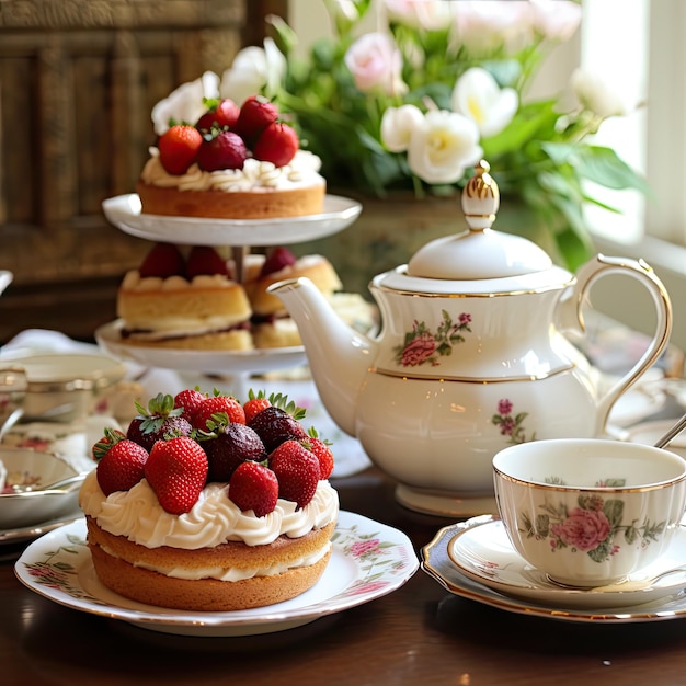 A tea set with a cake and a teapot